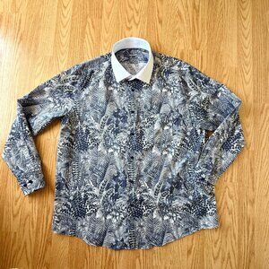 Indochino Mens White Collar Navy Botanical Print Dress Shirt Elegant Custom Desi